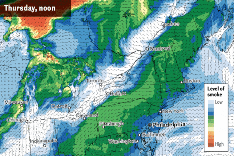 Animation of the forecast through Friday evening of the spread of near-surface wildfire smoke moving into the northeastern United States from Canada.