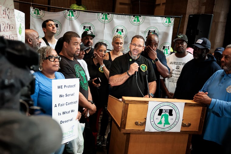 DC33 President Greg Boulware speaks during a AFSCME District Council 33 Solidarity Rally at City Hall on Monday, June 30, 2025 in Philadelphia.