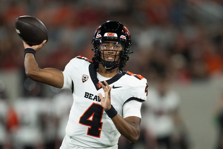 Oregon State quarterback Gevani McCoy (4) throws a pass during an NCAA football game against San Diego State on Saturday, Sept. 7, 2024, in San Diego. (AP Photo/Kyusung Gong)