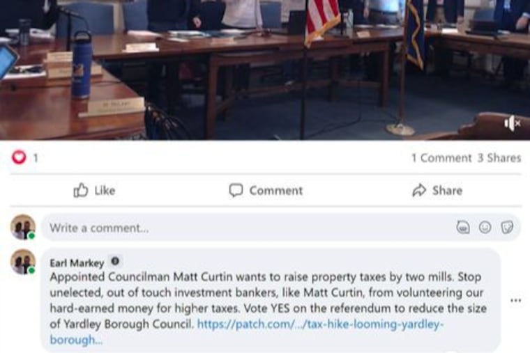 The Oct. 26, 2022 Facebook comment on the Yardley Boro page that was deleted by borough officals, leading Earl Markey to file a lawsuit.