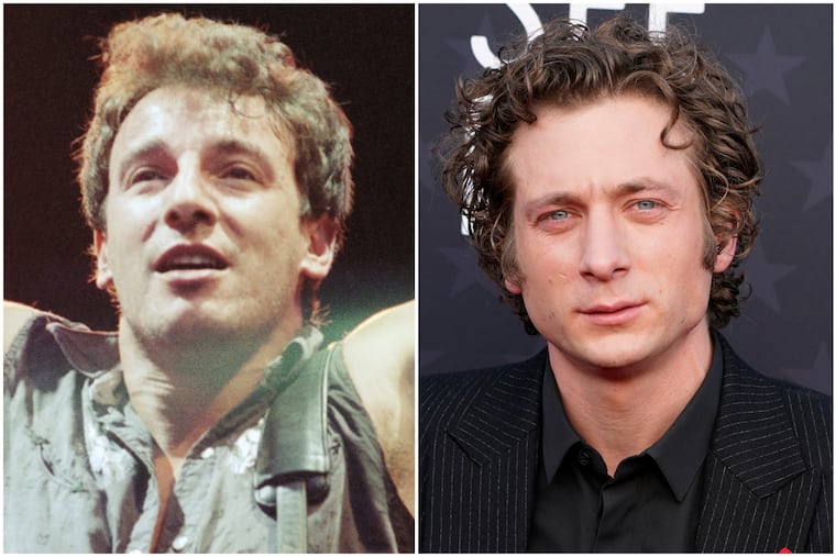 Bruce Springsteen in 1985 (left) and actor Jeremy Allen White who portrays The Boss in "Deliver Me From Nowhere." 