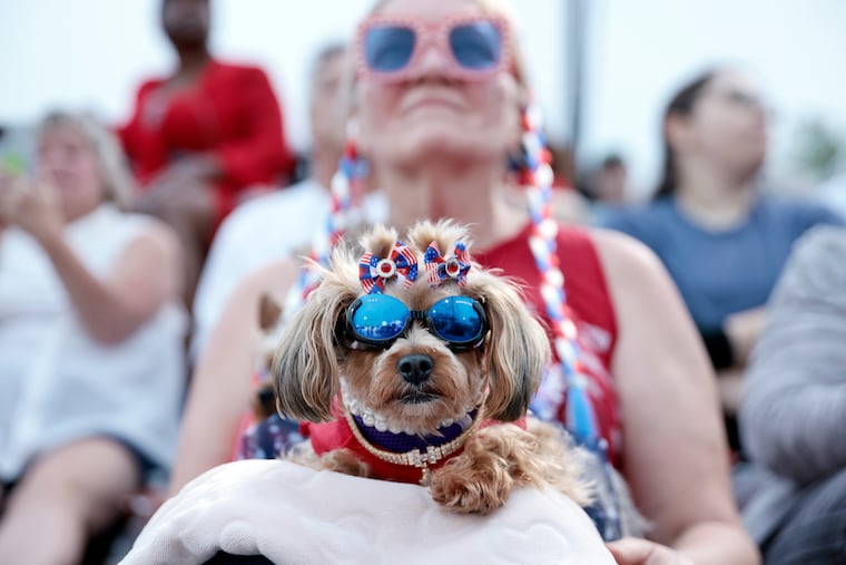 Lori Ney of Wynnewood and her dogs Ava (in front) and Lilly (behind Ava) attend the patriotic, all-star concert by the US Army’s Pershing’s Own followed by fireworks at the Great Plaza at Delaware River Waterfront in Phila., Pa. on Sat. July 01, 2023.