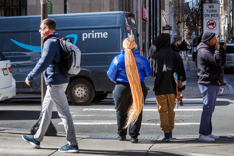 An Amazon delivery truck along Walnut Street and South 15th Street in Center City Philadelphia.