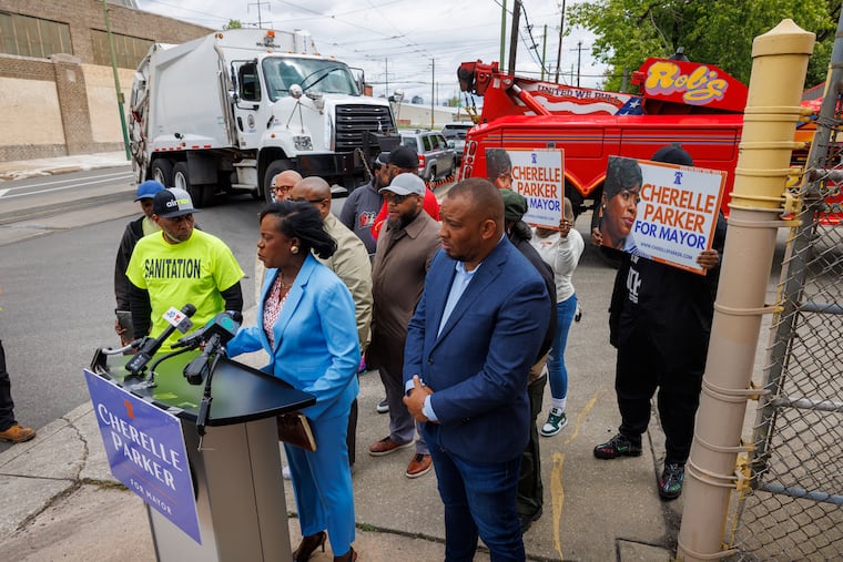 AFSCME Local 427 endorse Cherelle Parker (podium) for Mayor at a press conference on Grays Avenue near 51st Street on Tuesday morning.