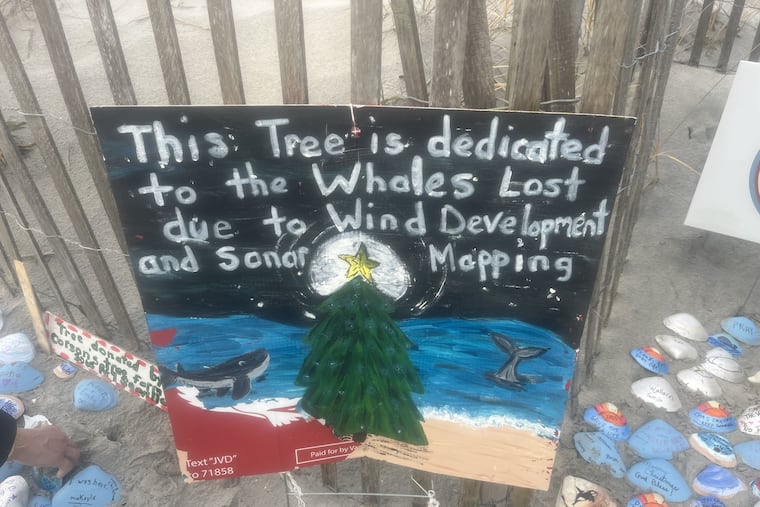 A sign dedicated a Christmas tree on 9th Street to the whales that have washed up traces their deaths to "wind development and sonar mapping," a conclusion disputed by scientists. Beach Christmas trees have proliferated in Jersey Shore towns, many with their own themes.