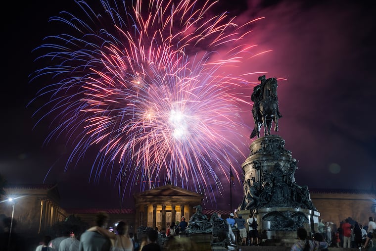 Fireworks over the Philadelphia Museum of Art and the statue of George Washington at Eakins Oval during the Wawa Welcome America Festival on July 4, 2023, following a free concert featuring Demi Lovato and Ludacris on the Benjamin Franklin Parkway.