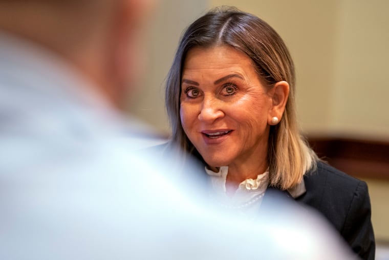 Kim Ward, president pro tempore of the Pennsylvania Senate, talks with her chief of staff in her office on Jan. 17, 2023.
