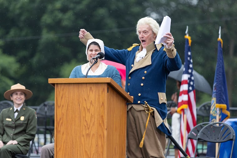 “Huzzah!” exclaims a George Washington impersonator at the U.S Army’s 250th anniversary celebration Saturday on Independence Mall.