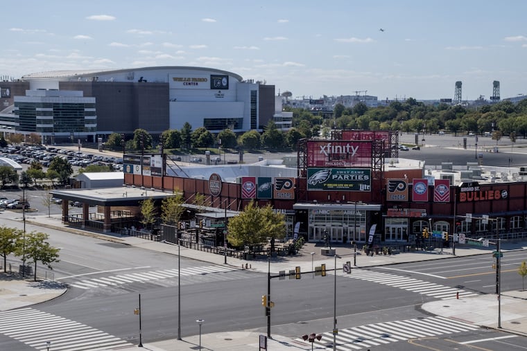 A view of the XFinity Live! Philadelphia center and the Wells Fargo Center in the stadium complex from Citizens Bank Park.