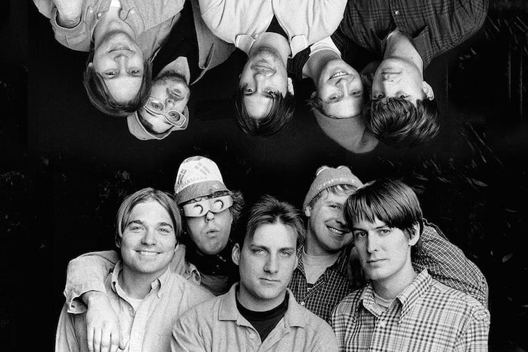 The members of Pavement: Malk Ibold (from left), Steve West, Scott "Spiral Stairs" Kannberg, Bob Nastanovich, and Stephen Malkmus along with the actors who play them in director Alex Ross Perry's movie "Pavements." Upside down and left to right are Logan Miller, Griffin Newman, Nat Wolff, Fred Hachinger, and Joe Keery. 