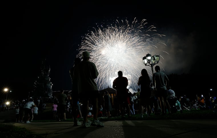 Fireworks light over the Philadelphia Museum of Art after the Welcome America July 4th concert along the Benjamin Franklin Parkway on Thursday, July 4, 2024.