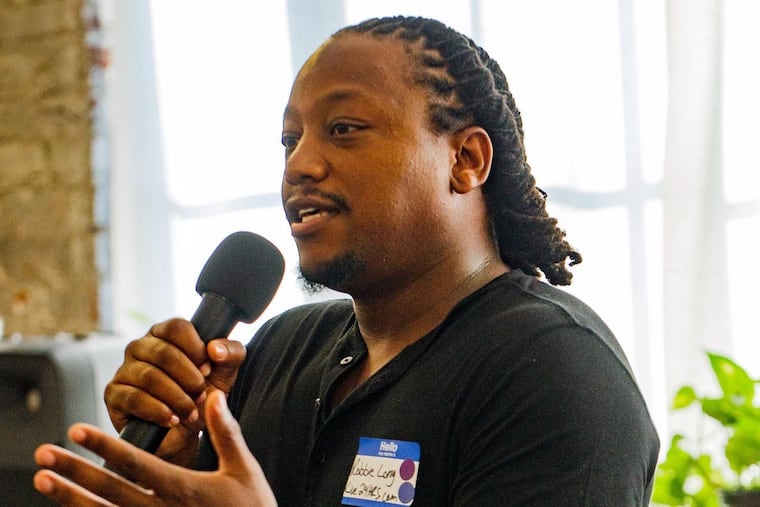 Robbie Long speaks at a fundraiser for Mayor Parker about his experience. He is the owner of Live24Hrs, an events business he started after he was incarcerated.