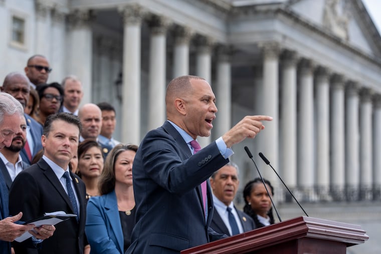 House Minority Leader Hakeem Jeffries, D-N.Y., and the Democratic Caucus assemble on the steps of the Capitol to condemn President Donald Trump's signature bill of tax breaks and spending cuts on Wednesday, July 2, 2025.