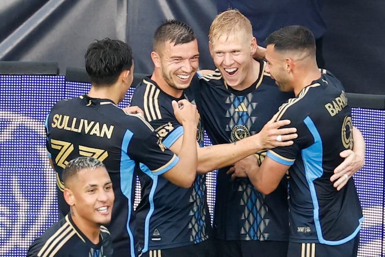 Union defender Jakob Glesnes (second from right) celebrates his a goal against D.C. United at Subaru Park in April.