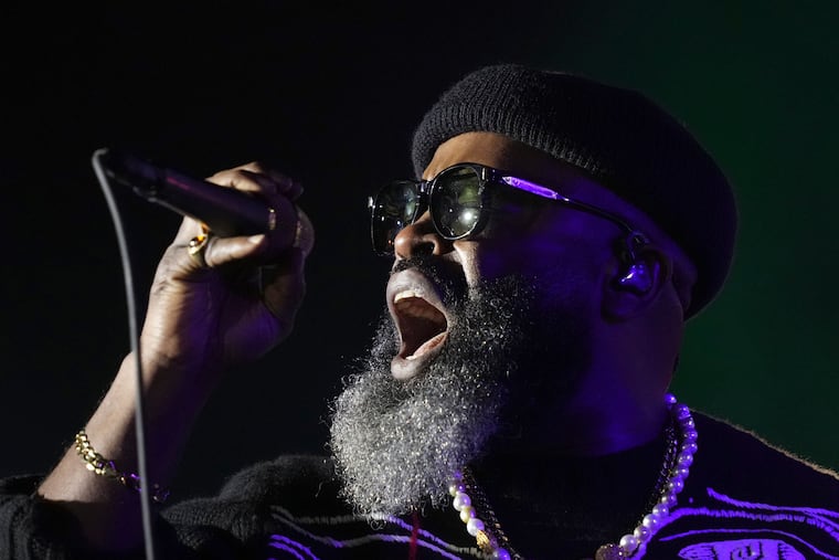 Tariq "Black Thought" Trotter, of The Roots, performs during a campaign rally for Democratic presidential nominee Vice President Kamala Harris outside the Philadelphia Museum of Art, Monday, Nov. 4, 2024, in Philadelphia. (AP Photo/Matt Rourke)