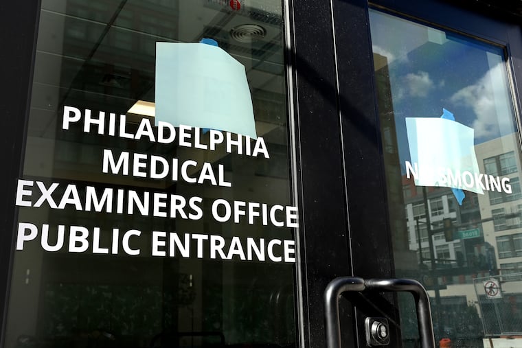 The sign on the public entrance to the City of Philadelphia Medical Examiner's Office in 2021.