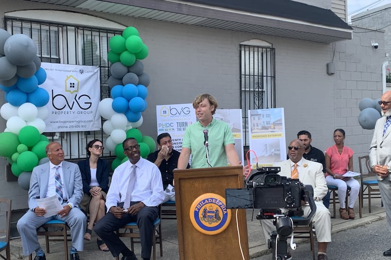 Matthew Rozanski, pictured at a 2021 news conference, was the first person to close on a house through Philadelphia's Turn the Key program, an initiative to build price-restricted homes for first-time homebuyers.
